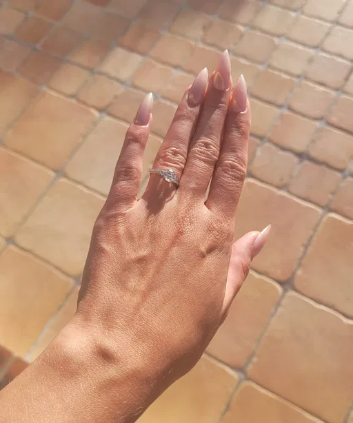 Ongles stiletto nude rosé en lumière naturelle